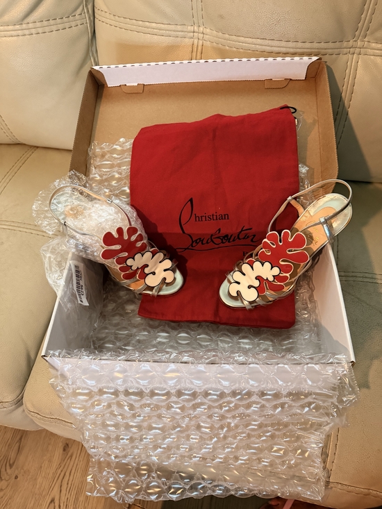 Christian Louboutin Shoes - Christian Louboutin Red and Cream Floral Appliqué Slingback Sandals